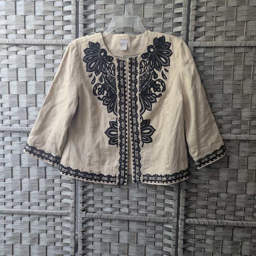 Chico's Blazer Jacket Beige Black Embroidered Linen Open Front Sz 1P (M/8P)
